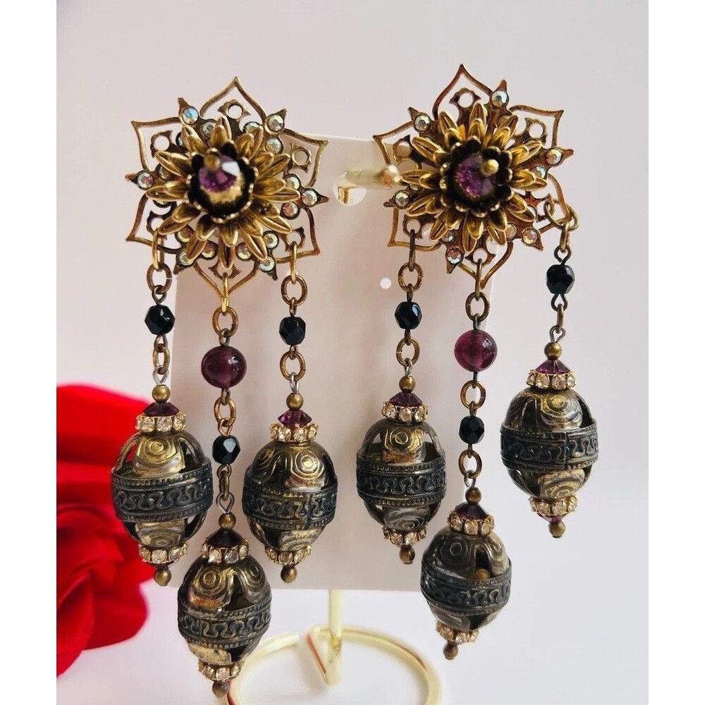 Vintage Clip On Earrings Ethnic Dangle Chandelier Bells Gold Plated Beaded Boho